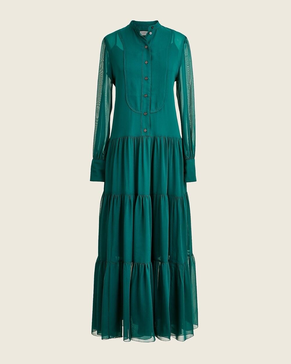 J. Crew Collection Women’s Tiered Silk Chiffon Tuxedo Maxi Dress Dark Spruce 4